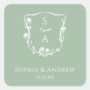 Modern Eucalyptus Monogram Floral Crest Wedding Square Sticker