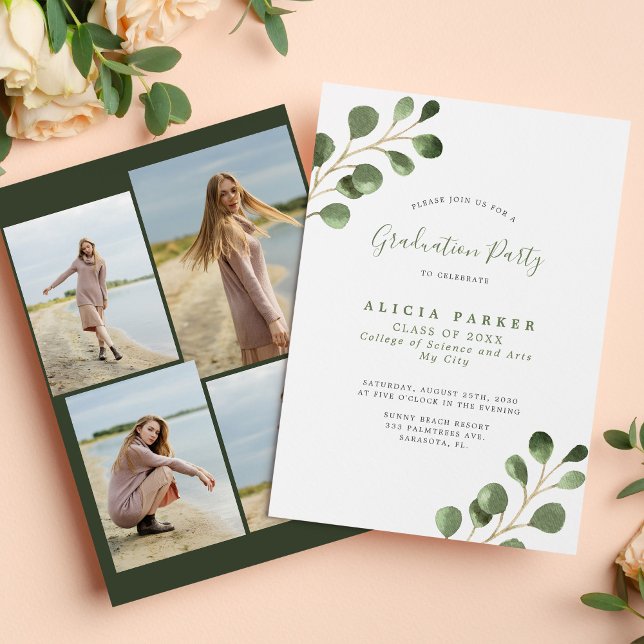 Modern eucalyptus multi photo graduation party invitation (Creator Uploaded)