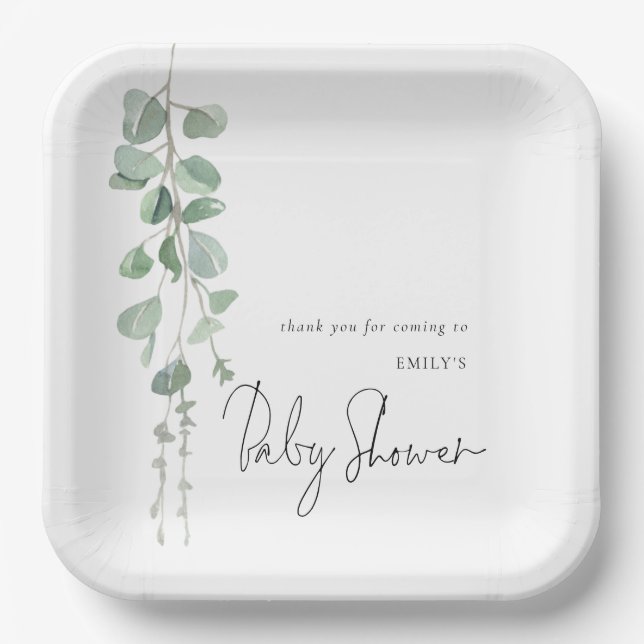 Modern Eucalyptus Name Baby Shower  Paper Plate (Front)