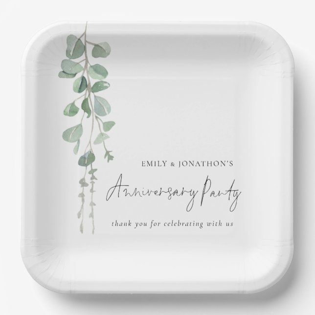 Modern Eucalyptus Names Anniversary Party Paper Plate (Front)
