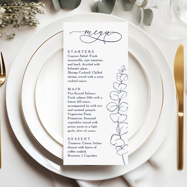 Modern Eucalyptus Navy Blue & White Wedding Dinner Menu (Creator Uploaded)