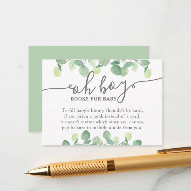 Modern Eucalyptus Oh Boy Baby Shower Book Request Enclosure Card (Front/Back In Situ)
