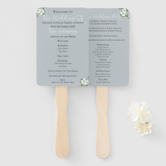 Modern Eucalyptus Order of service hand Fans (Front and Back)