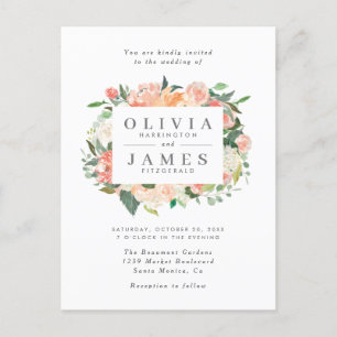 Modern Eucalyptus Peach Watercolor Flowers Wedding Invitation Postcard