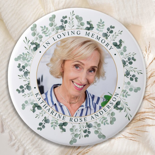Modern Eucalyptus Personalised Photo Memorial 7.5 Cm Round Badge (Creator Uploaded)