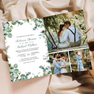 Modern Eucalyptus Photo Collage QR Code Wedding Invitation