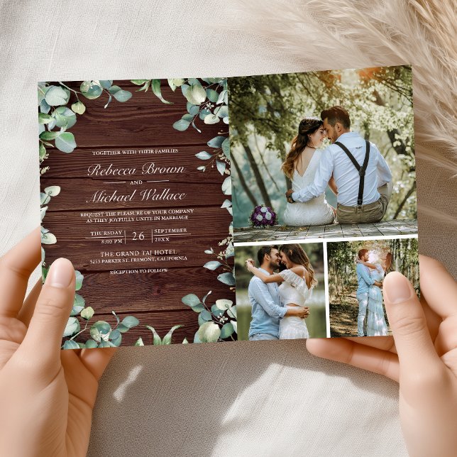 Modern Eucalyptus QR Code Rustic Wood Wedding Invitation (Creator Uploaded)