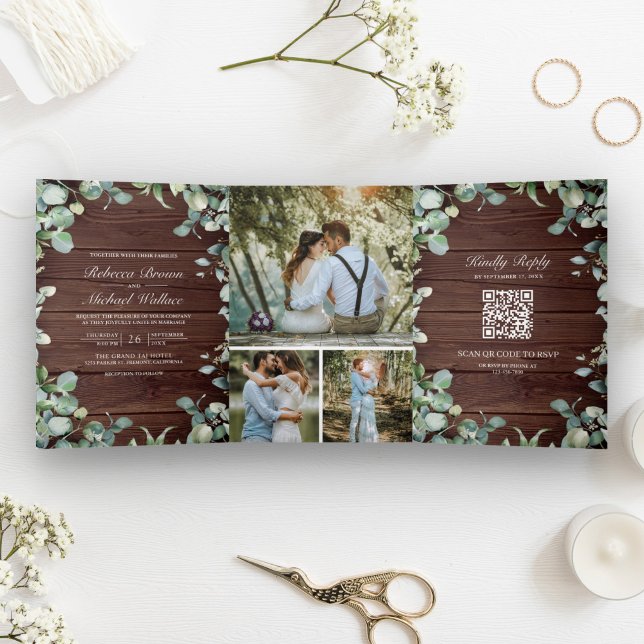 Modern Eucalyptus QR Code Rustic Wood Wedding Tri-Fold Invitation (Creator Uploaded)