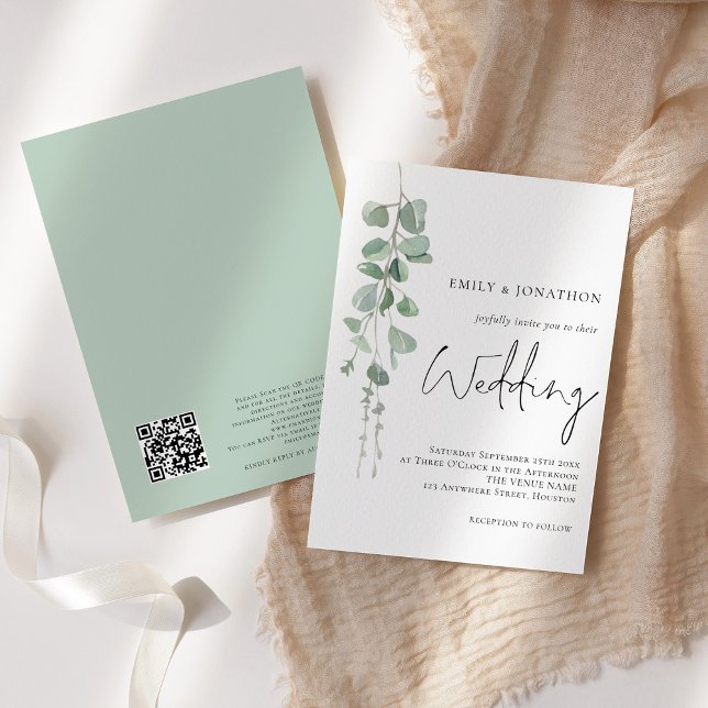 Modern Eucalyptus QR Code Script Wedding Invitation (Front and back view)