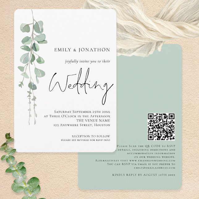 Modern Eucalyptus QR Code Script Wedding Invitation (Round corners - choose from 6 corner/edge different styles)