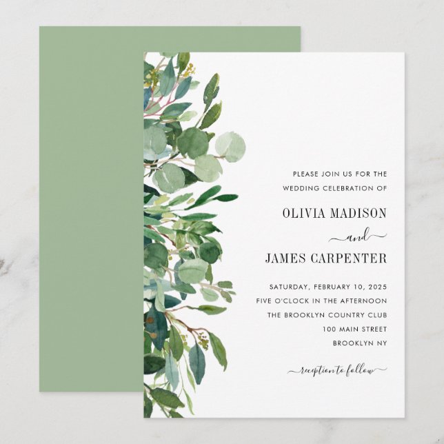 Modern Eucalyptus Sage Greenery Foliage Wedding Invitation (Front/Back)