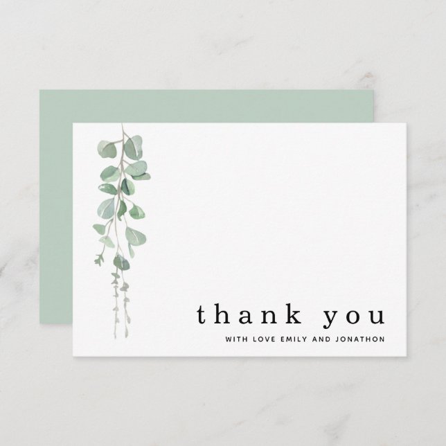 Modern Eucalyptus Sage Names Wedding Thank You Card (Front/Back)