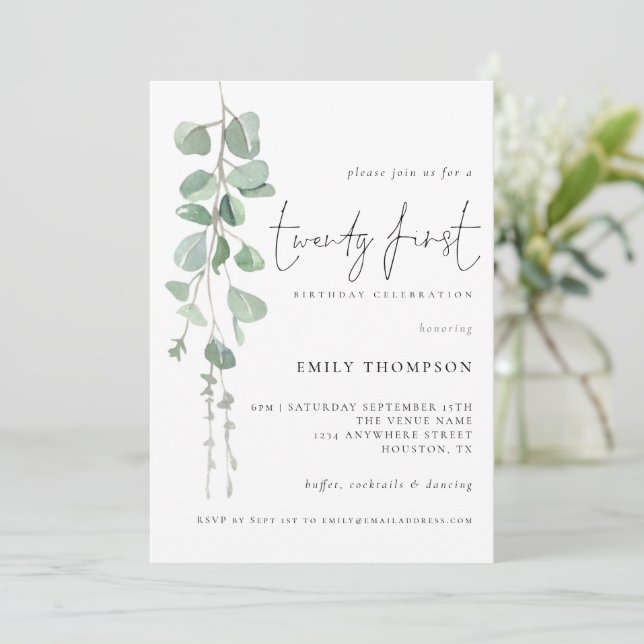 Modern Eucalyptus Script 21st Birthday Party Invitation (Standing Front)