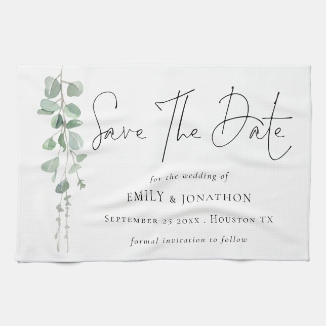 Modern Eucalyptus Script Keepsake Save The Date Tea Towel (Horizontal)