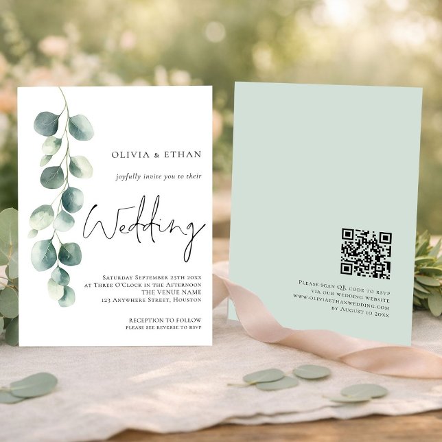 Modern Eucalyptus Script QR code Sage Wedding Invitation (Front and back view)