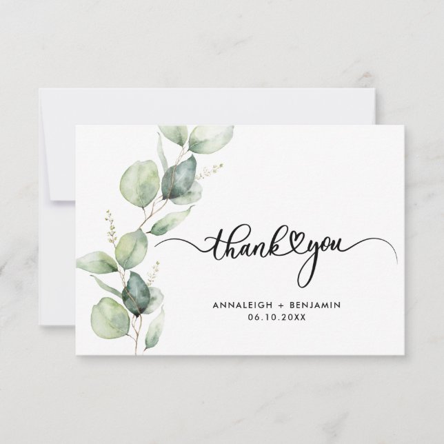 Modern Eucalyptus Script Watercolor Wedding Thank You Card (Front)