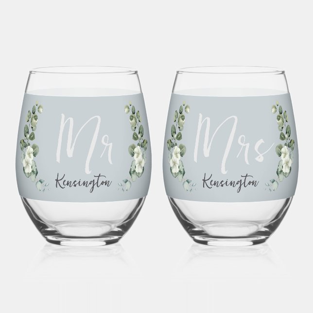 Modern Eucalyptus Stemless Wedding Glasses (Front)