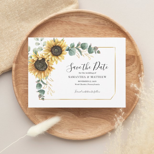 Modern Eucalyptus Sunflower Floral Geometric Save The Date (Sunflower Floral Eucalyptus Wedding Save the Date Morgana Script)