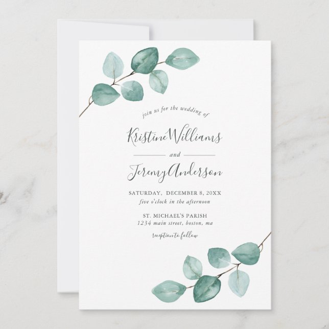 Modern Eucalyptus Watercolor Black Script Wedding  Invitation (Front)