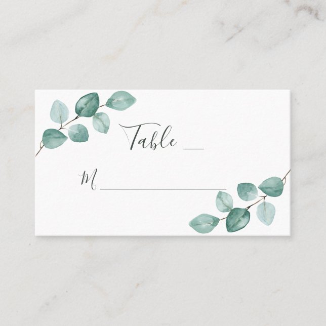 Modern Eucalyptus Watercolor Black Script Wedding Place Card (Front)