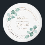 Modern Eucalyptus Watercolor Coffee Script Wedding Magnet<br><div class="desc">These custom botanical magnets make and elegant wedding favour. This modern design template features a coffee brown metallic round frame accented by hand painted watercolor eucalyptus greenery with your names and date to personalise in hand lettered script typography. Please check out our I Love Weddingz shop to find more selections...</div>