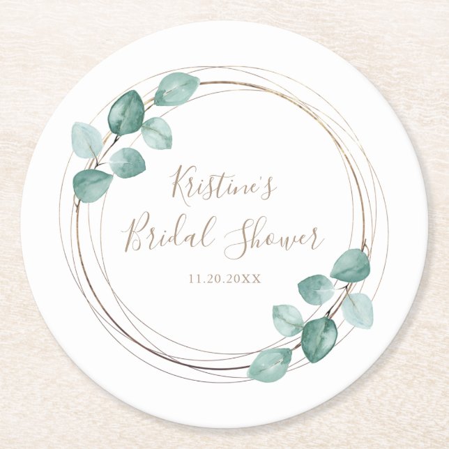 Modern Eucalyptus Watercolor Coffee Script Wedding Round Paper Coaster (Front)