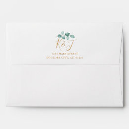 Modern Eucalyptus Watercolor Gold Script Wedding Envelope