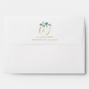 Modern Eucalyptus Watercolor Gold Script Wedding Envelope