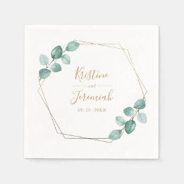 Modern Eucalyptus Watercolor Gold Script Wedding Napkin