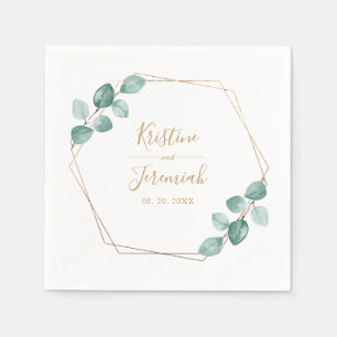 Modern Eucalyptus Watercolor Gold Script Wedding Napkin