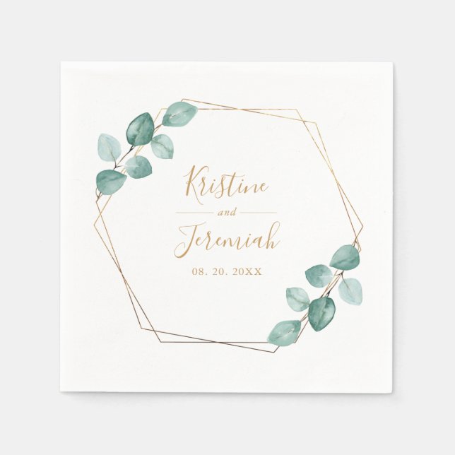 Modern Eucalyptus Watercolor Gold Script Wedding Napkin (Front)