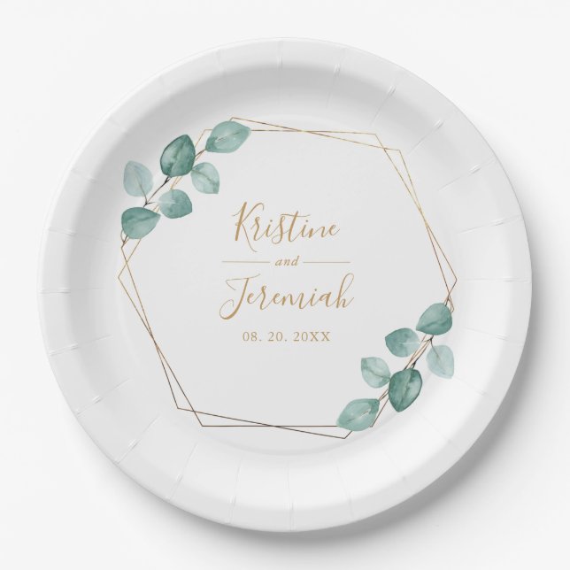 Modern Eucalyptus Watercolor Gold Script Wedding Paper Plate (Front)