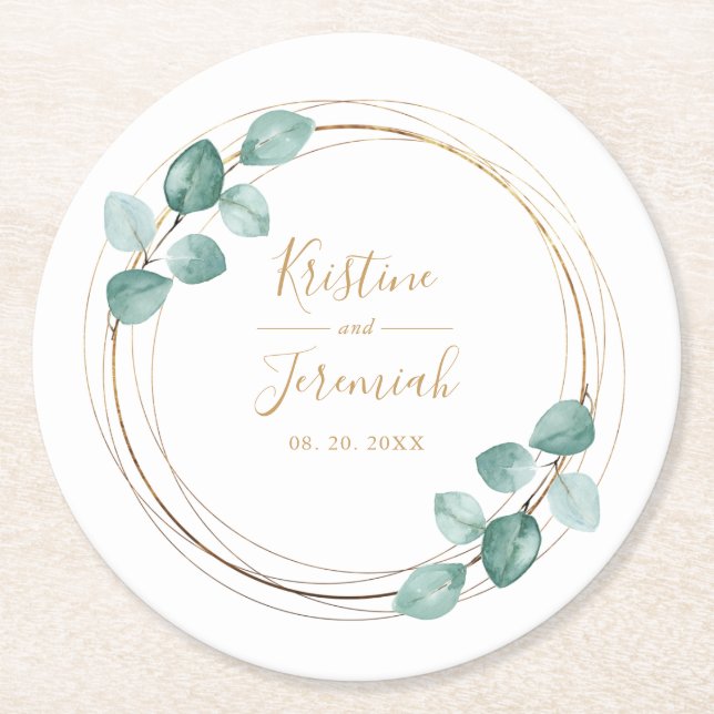 Modern Eucalyptus Watercolor Gold Script Wedding Round Paper Coaster (Front)