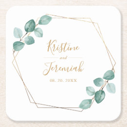 Modern Eucalyptus Watercolor Gold Script Wedding Square Paper Coaster