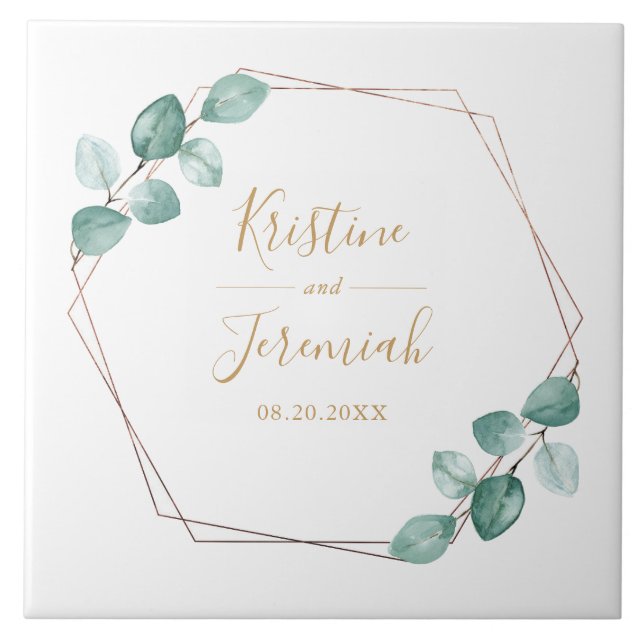 Modern Eucalyptus Watercolor Gold Script Wedding Tile (Front)