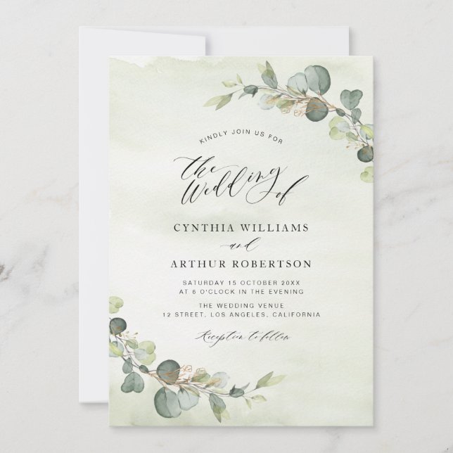 modern eucalyptus watercolor green wedding invitation (Front)