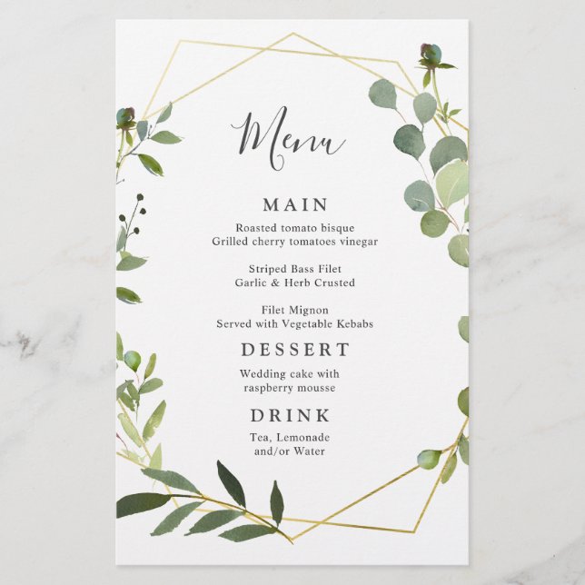 Modern Eucalyptus Watercolor Wedding Dinner Menu (Front)