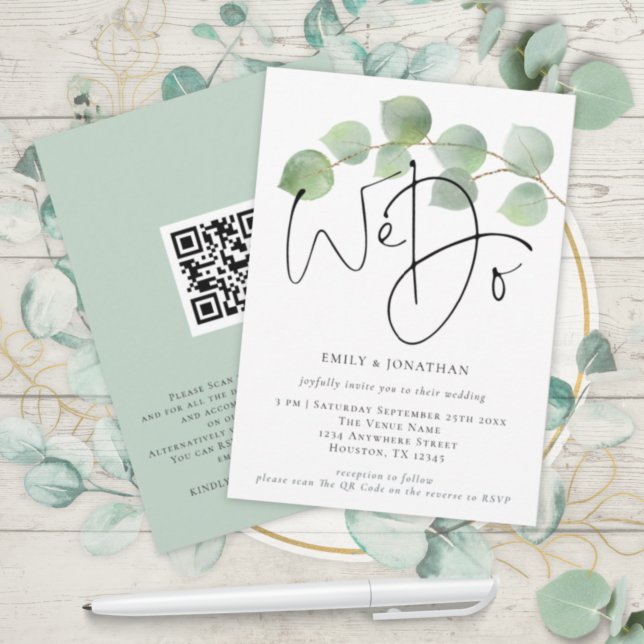 Modern Eucalyptus We Do QR Code Wedding Invitation (Creator Uploaded)