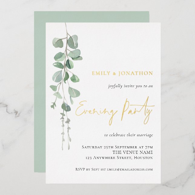 Modern Eucalyptus Wedding Evening Party Gold Real (Front/Back)