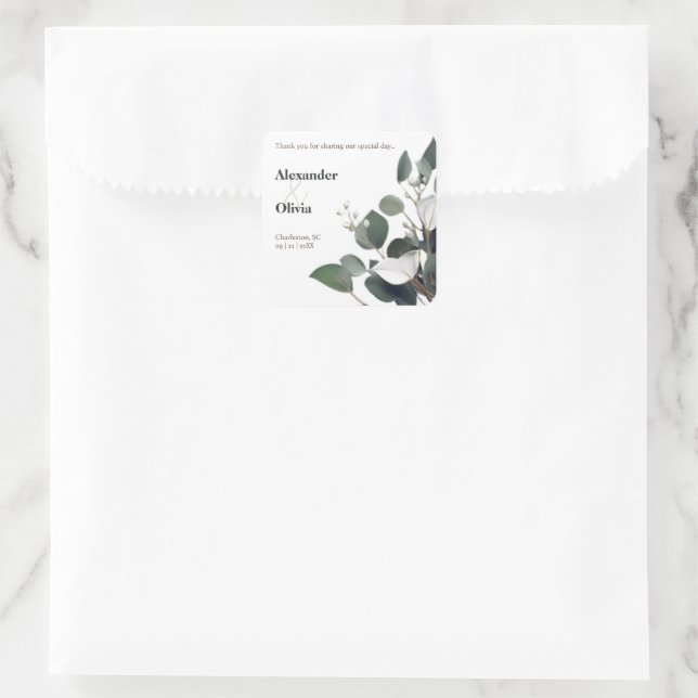 Modern Eucalyptus Wedding Favour Square Sticker (Bag)