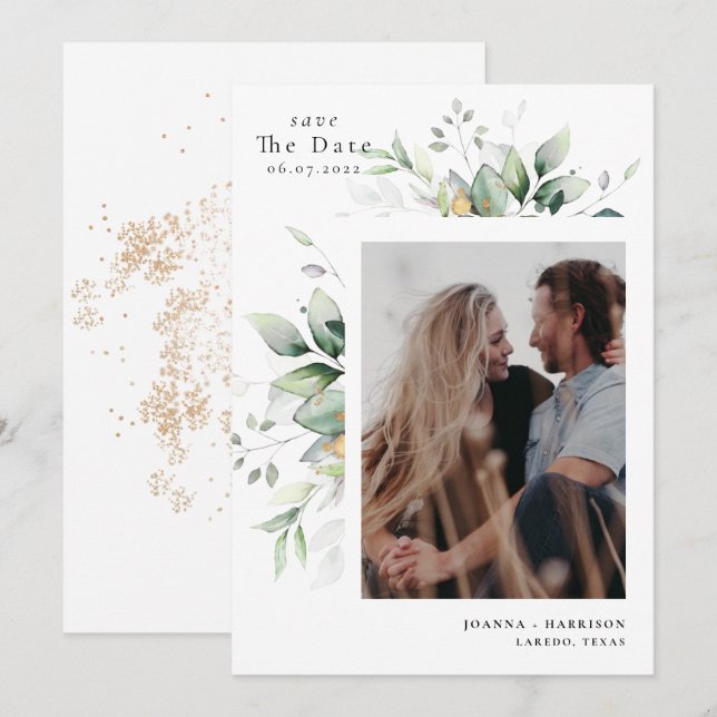Modern Eucalyptus Wedding Photo Save The Date (Front/Back)