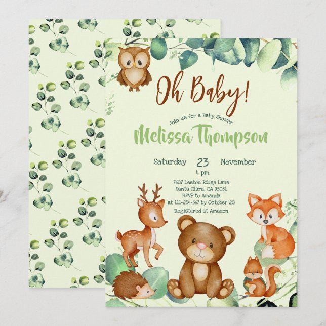 Modern Eucalyptus Woodland Animals Forest Friends  Invitation (Front/Back)