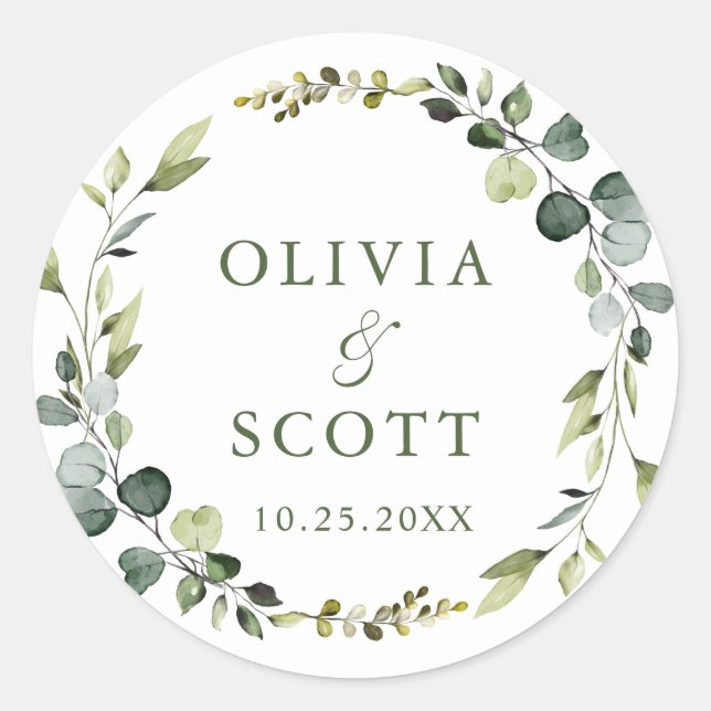 Modern Eucalyptus Wreath Floral Wedding Boho Classic Round Sticker (Front)