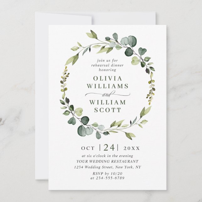 Modern Eucalyptus Wreath Frame REHEARSAL DINNER Invitation (Front)