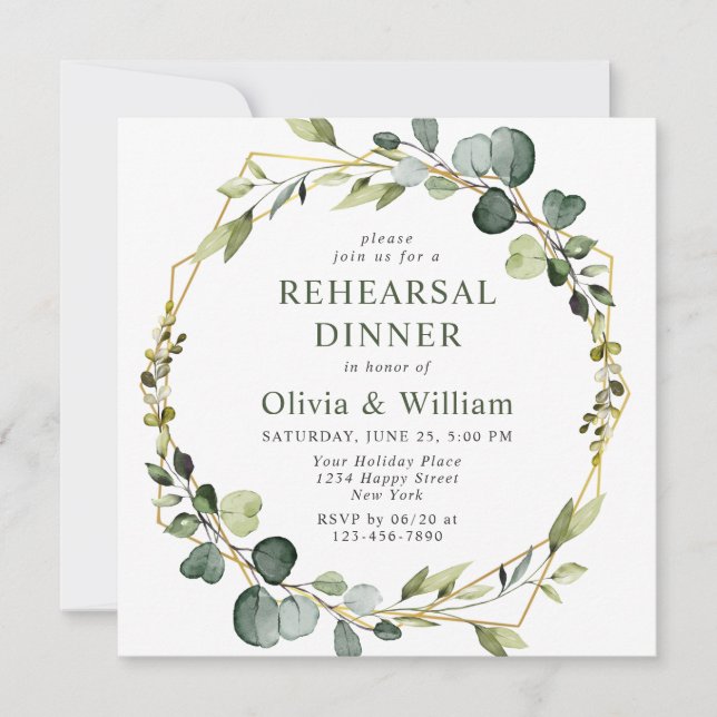 Modern Eucalyptus Wreath Frame REHEARSAL DINNER Invitation (Front)