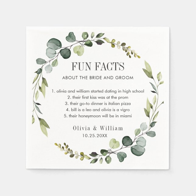 Modern Eucalyptus Wreath Fun Facts Wedding Boho Napkin (Front)
