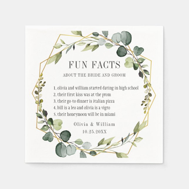 Modern Eucalyptus Wreath Fun Facts Wedding Napkin (Front)