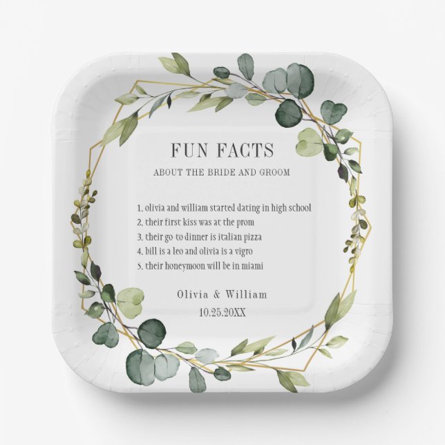 Modern Eucalyptus Wreath Fun Facts Wedding Paper Plate (Front)