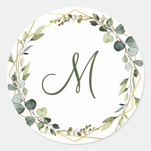 Modern Eucalyptus Wreath MONOGRAM Boho Classic Round Sticker (Front)