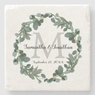 Modern Eucalyptus Wreath Monogram Wedding Keepsake Stone Coaster